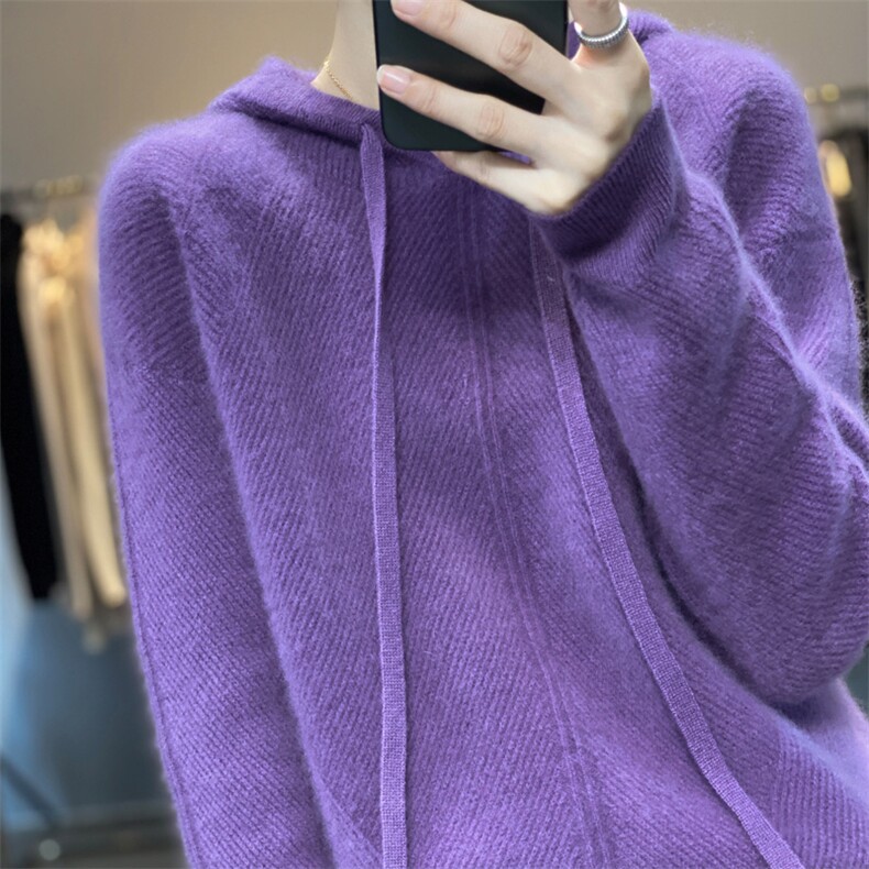 秋冬新款羊绒衫女连帽卫衣宽松套头针织毛衣减龄抽绳羊毛打底衫,针织衫/毛衣,艾驰羊绒
