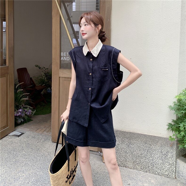 盐甜系穿搭薄款牛仔衬衫套装女夏季新款休闲宽松小个子短裤两件套,女装套装/套裙,2C258