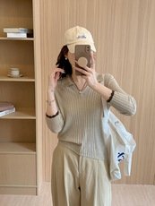 时尚高级感百搭精纺羊毛polo领拼色长袖，女装羊毛衫，圣旺供货