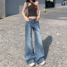 秋冬新款美式复古拼接微喇叭牛仔裤女显瘦设计感腰带马蹄阔腿裤子，男装牛仔裤，星座218-8