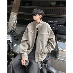 WJ9729-P75 美式夹克男2026新款春秋水洗帆布拼接立领宽松短外套图片