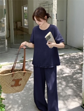 木耳边拼接短袖T恤套装女夏新款时尚慵懒风高腰阔腿裤穿搭两件套，女装套装/套裙，浙宝210（原浙宝191）