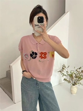 2025百搭时尚简约天丝莱赛尔嵌花工艺POLO四支花短袖，女装针织衫/毛衣，晨旭羊绒