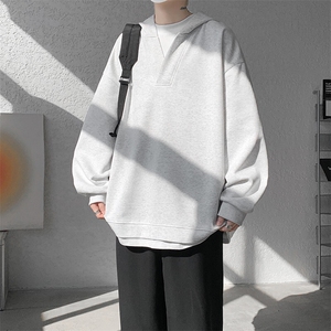 8XL-M叠穿假两件卫衣重磅连帽V领拼接套头衫宽松大码外套WY006P65图片
