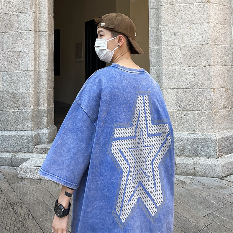 美式五角星字母印花复古水洗做旧落肩袖短袖T恤B239-1135-P38,男装T恤,星座514-2(原B239)