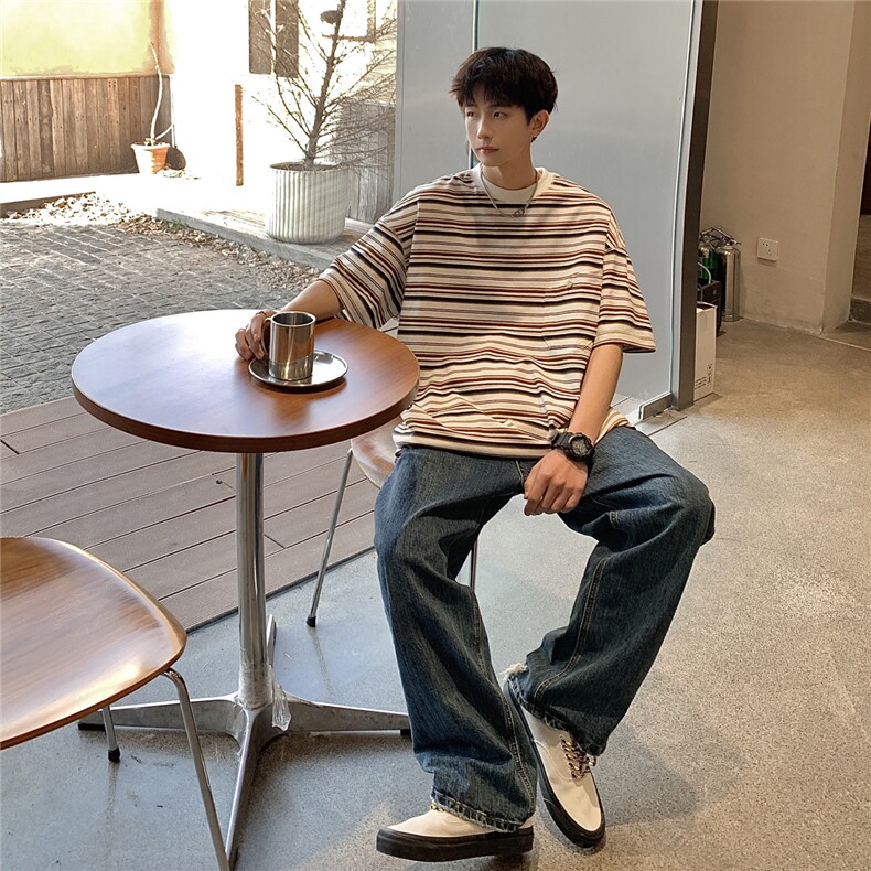 港风条纹短袖T恤男大码立体口袋设计短袖T恤男DT8768P40控59图片
