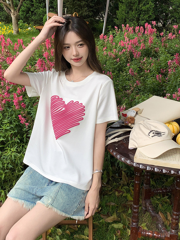专柜撤回正品女装剪标清仓一线品牌绿色爱心印花短袖正肩t恤潮ins,女装T恤,鑫慧