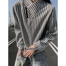 高品质春装新款老钱风美式高街鱼骨纹斜拉链解构高领卫衣长袖t恤，男装T恤，电商A486-1