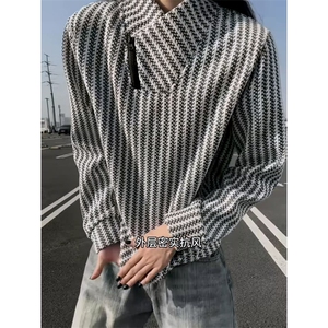 高品质春装新款老钱风美式高街鱼骨纹斜拉链解构高领卫衣长袖t恤图片
