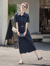 官方牛仔拼接撞色连衣裙女2025夏季新款收腰显瘦开叉长裙，女装连衣裙，E百度