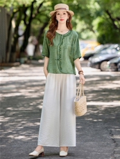 新中式国风刺绣套装女2025夏季新款时尚洋气棉麻休闲阔腿裤两件套，女装套装/套裙，魅影