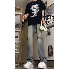 半松紧加绒复古蓝直筒牛仔裤，男装牛仔裤，四季星座505