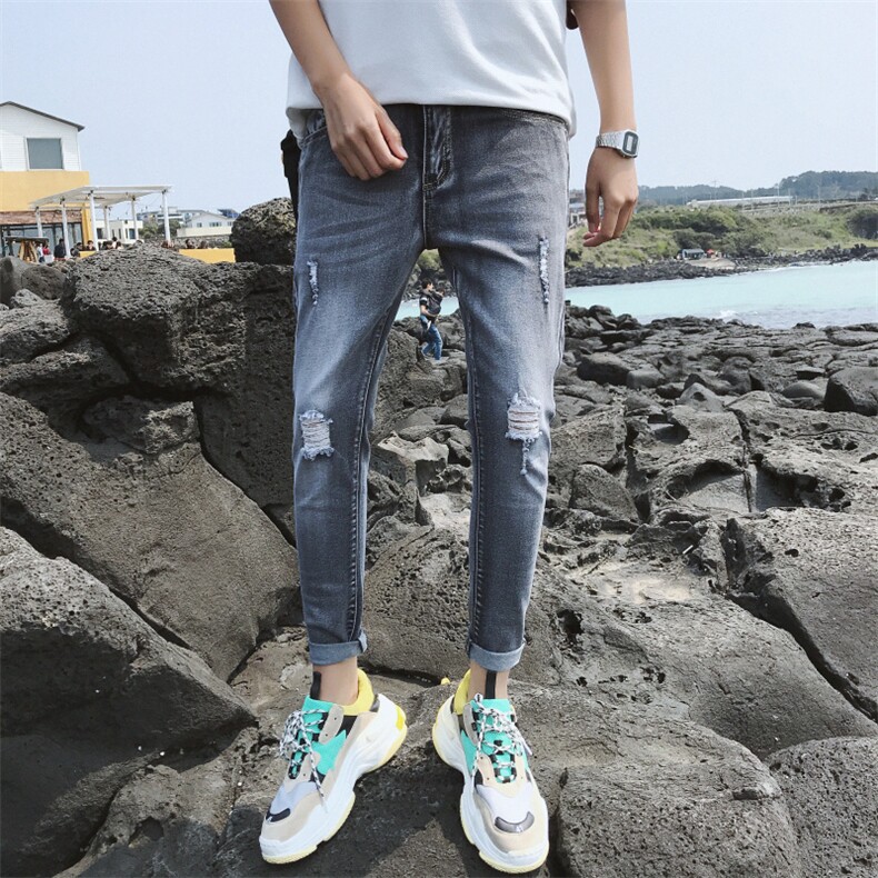 新款夏季牛仔裤男九分裤韩版潮流乞丐破洞弹力9分裤6921-P40,男装牛仔裤,电商A318