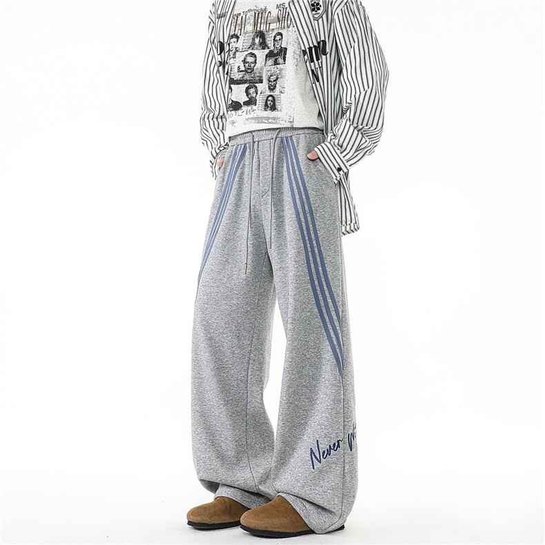 美式刺绣三条杠条纹运动卫裤男秋季潮牌宽松大码直筒阔腿休闲裤子图片