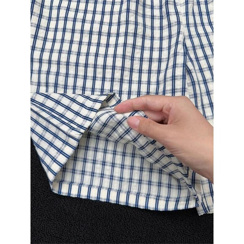 蓝色泡泡纱格子短裤男夏季薄款拼接设计感直筒裤子休闲阔腿五分裤,男装牛仔裤,星座1210-1