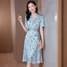 印花重磅真丝连衣裙女中长款2025新款年轻妈妈装系带桑蚕丝A字裙，女装连衣裙，阿舍尔精品