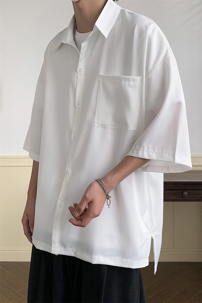 短袖衬衫文艺青年男夏季新款港风宽松冰丝坠感衬衣CS8805-35,男装衬衫,星座214-3