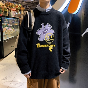 1港风新款宽松休闲中性情侣潮流印花毛衣男外套7676P48加绒P55图片