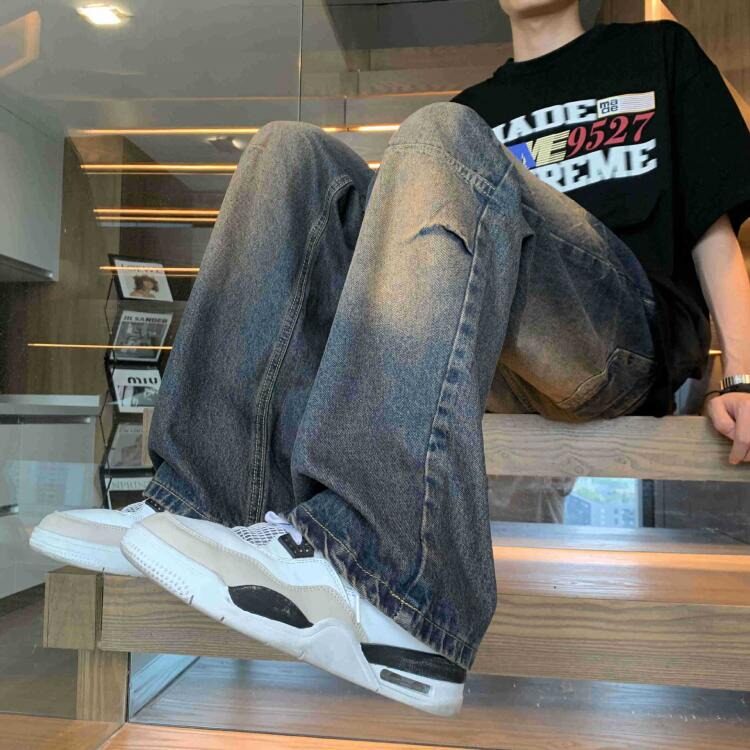 闪电纹高腰微喇直筒牛仔裤男款裤子美式高街vibe阔腿裤KA1137-P46,男装牛仔裤,星座208-5
