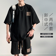特批P35无差价华夫格小熊刺绣设计感T恤短裤潮复古两件套装TZ058，男装T恤，电商A001