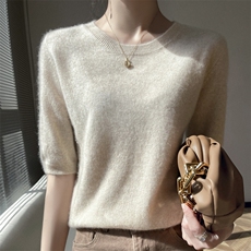 云朵般软糯!衫半袖女纯色宽松圆领短袖打底五分袖毛衣，女装T恤，轩妮羊绒