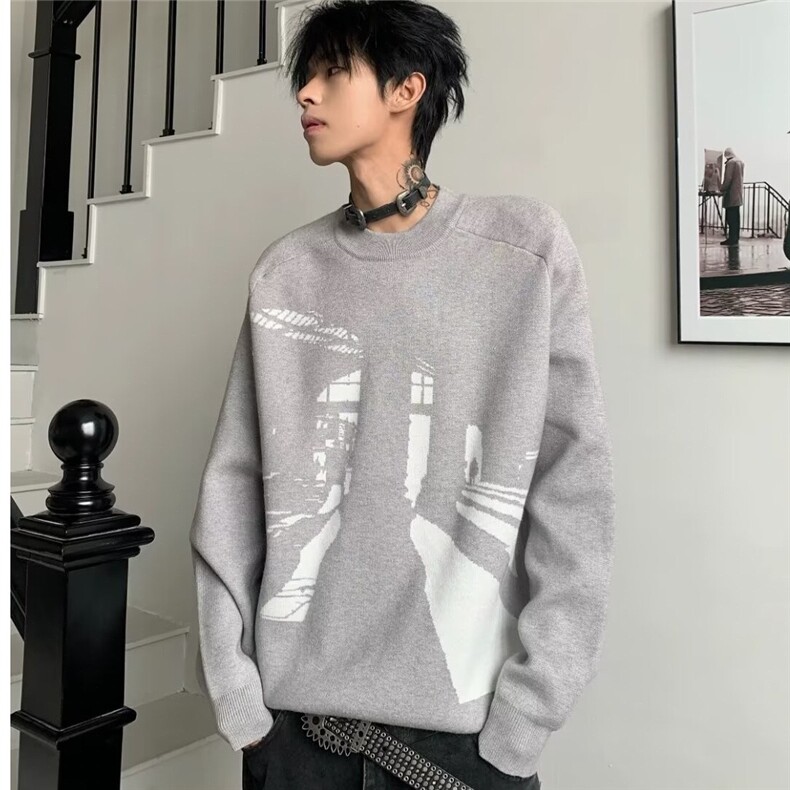 长袖潮常规套头青少年宽松型美式复古剪影印花毛衣针织衫慵懒休闲图片