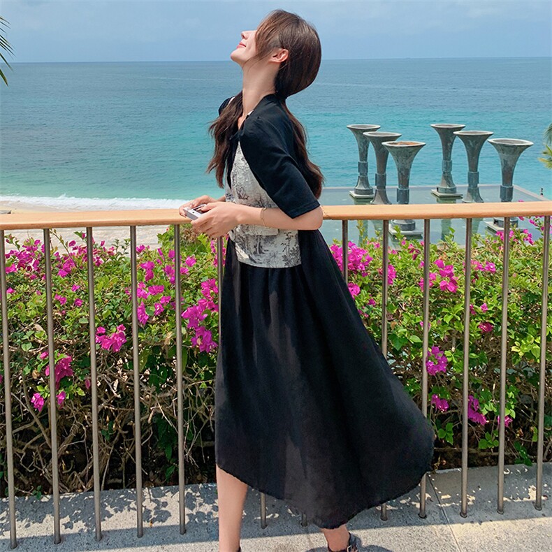 黑色拼接马甲假两件连衣裙女夏2025新款时尚宽松减龄超好看茶歇裙,女装连衣裙,2C129
