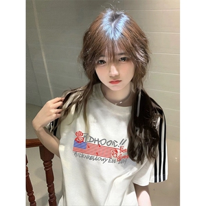 抖音得物高品质二开240克宽松纯棉美式潮牌三条杠织带短袖T恤,男装T恤,电商A486-1