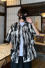 新中式国风短袖衬衫男款夏季薄款冰丝痞帅国潮水墨画五分衬衣外套，男装T恤，电商A001