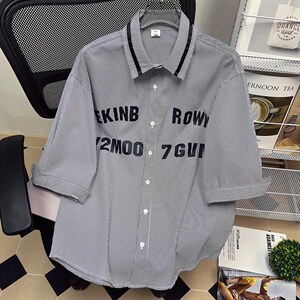 1中性竖条纹大码M-5XL日系港风情侣七分袖衬衫男QCS7018P45控68图片