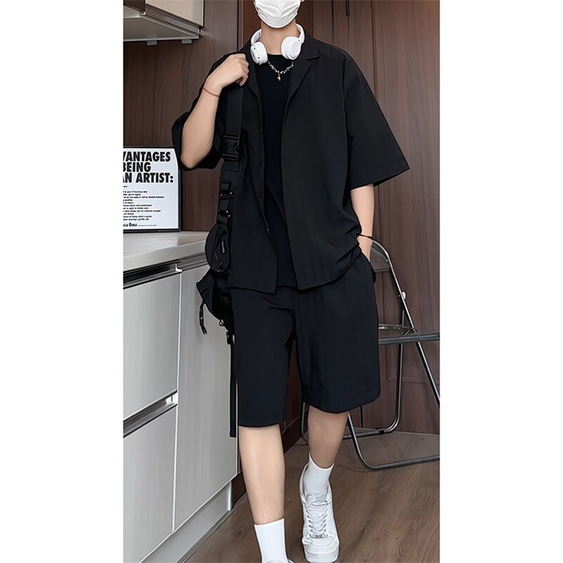 TZ52932/P65西服领短袖衬衣裤子套装男潮夏季肌理感西装领两件套,男装西服,电商A141