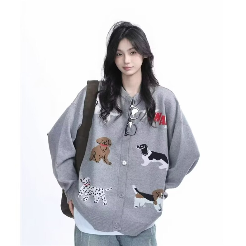 M345-P48 秋季复古潮牌小狗提花开衫毛衣男宽松情侣慵懒针织衫图片