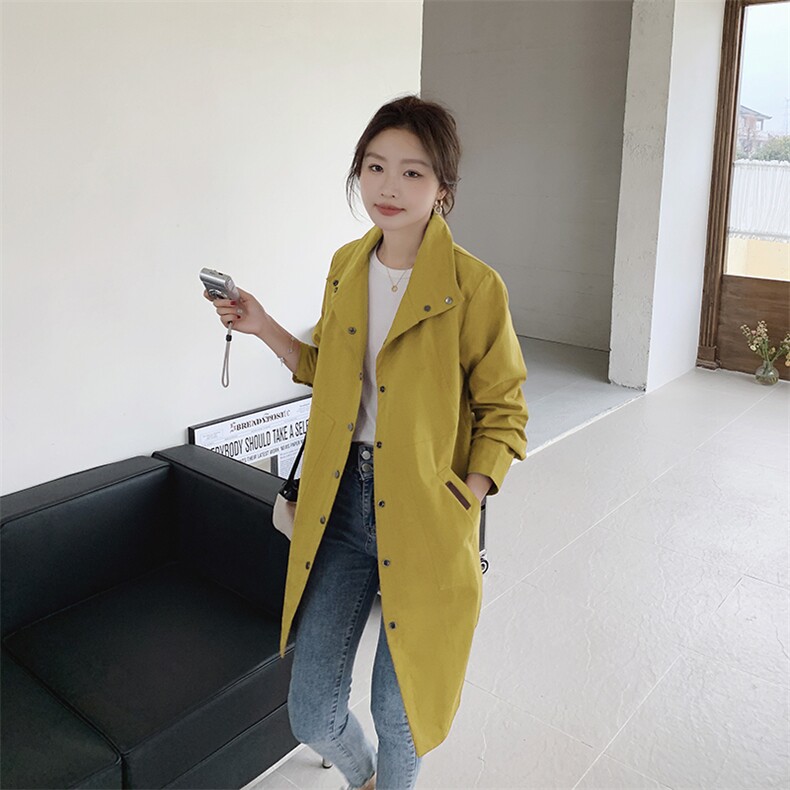 2025年秋季宽松型日韩休闲中长款长袖立领单排扣纯棉风衣外套，女装风衣，秋牧寒烟