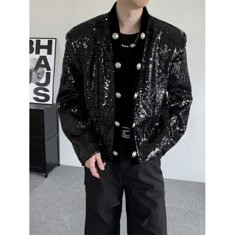 春装新款明星同款年会演唱会短款开衫夹克西服外套男亮片西装夹克图片