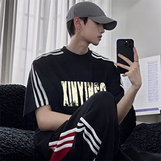 抖音得物高品质二开240克宽松纯棉美式潮牌三条杠织带短袖T恤，男装T恤，电商A486