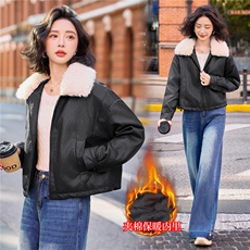 高级感皮面棉服女2025冬季新款保暖毛领羽绒棉PU皮衣短外套上衣，女装皮衣，美拉德工厂直营店