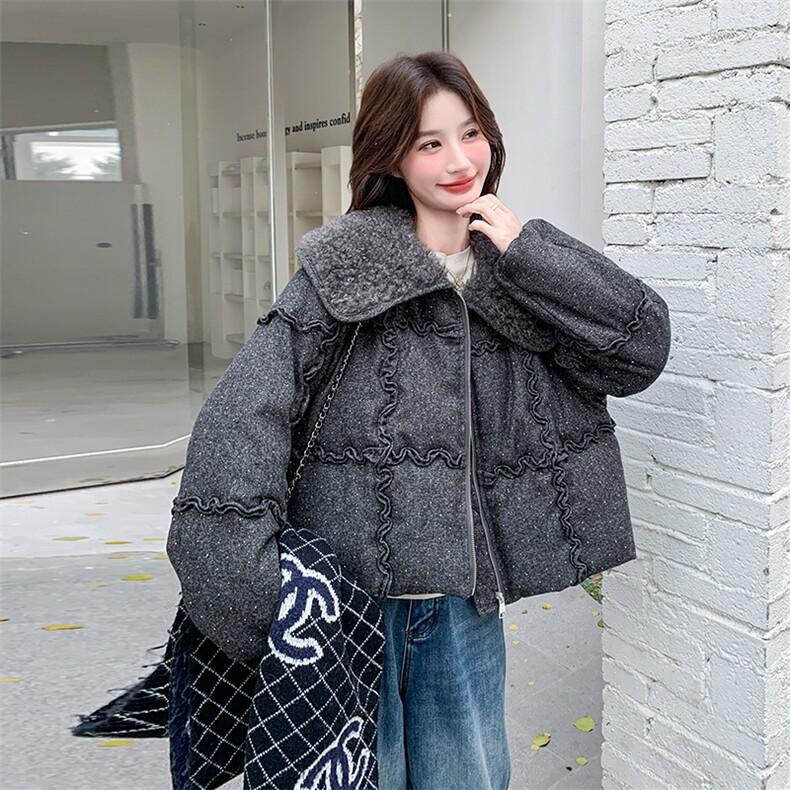 灰色羊羔毛翻领烫钻羽绒服女2025年冬季小个子加厚保暖白鸭绒外套,女装羽绒服,2C110