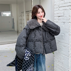 灰色羊羔毛翻领烫钻羽绒服女2025年冬季小个子加厚保暖白鸭绒外套，女装羽绒服，2C110