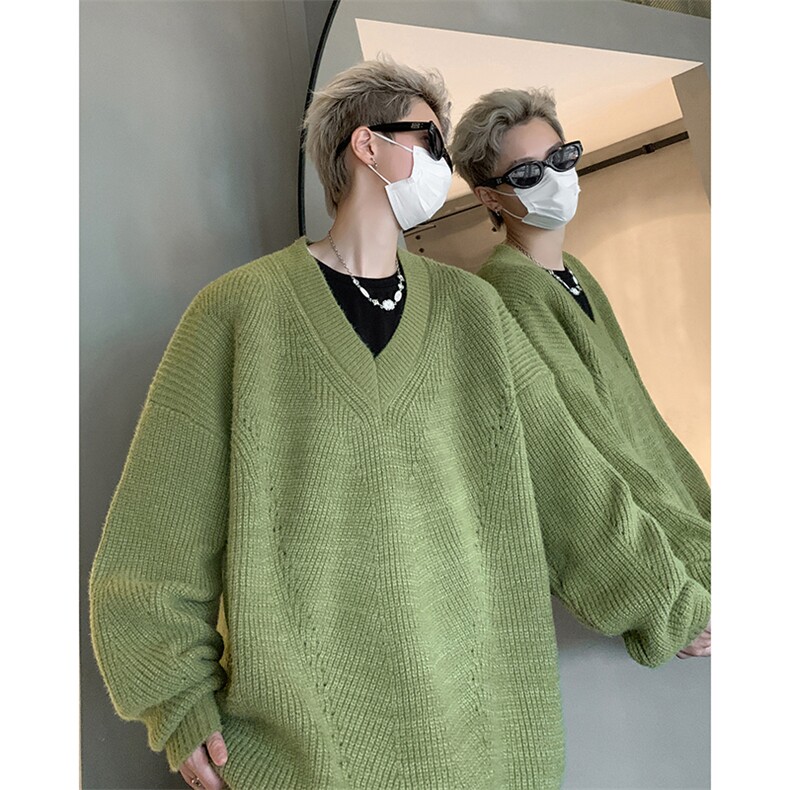 V领加绒针织衫毛衣港风文艺潮流宽松百搭纯色上衣HY597JRP65,男装针织衫/毛衣,电商A102B