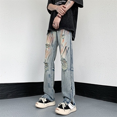 B221美式ins高街暗黑小众喷墨拉链破洞牛仔裤LK23085-P65控88，男装牛仔裤，电商B221