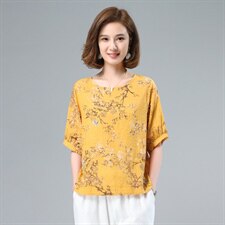 宽松圆领棉麻上衣短袖t恤女士2021夏装时尚文艺印花T恤，女装T恤，涵誉