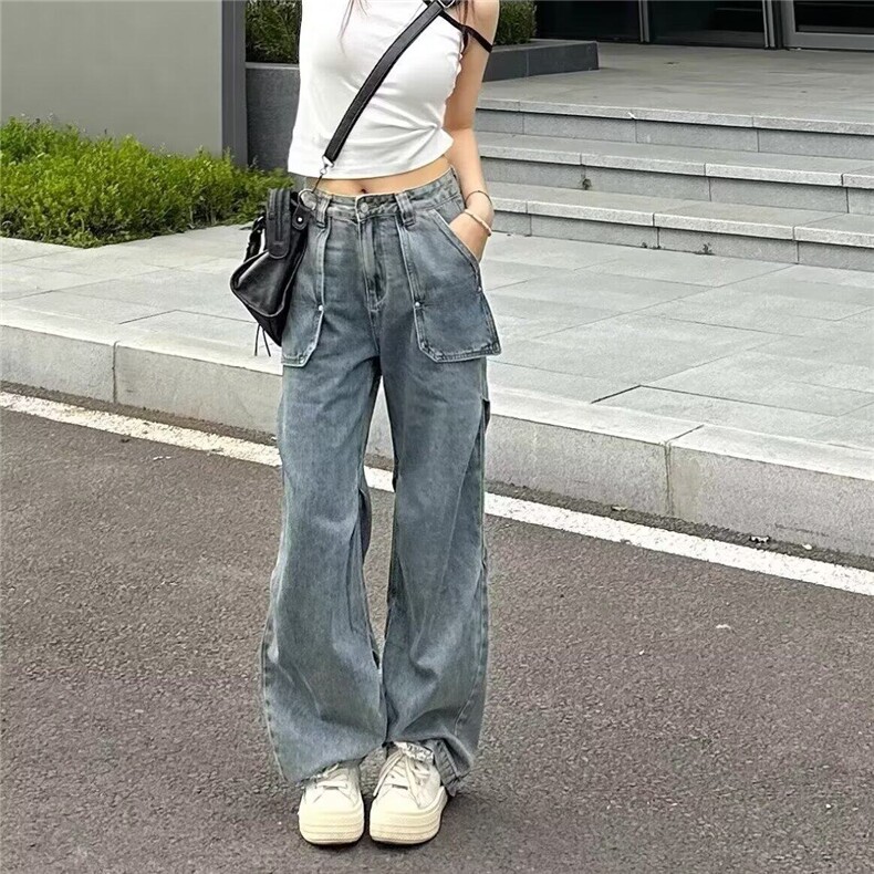 美式复古水洗工装牛仔裤女高街新款高腰宽松显瘦百搭直筒阔腿长裤,女装牛仔裤,星座506A