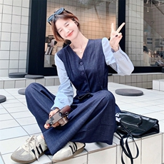韩系慵懒chic穿搭蓝色套装女初春秋超火好看高级感上衣长裤两件套，女装套装/套裙，2C056