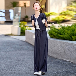 复古减龄天丝牛仔套装女2025夏季新款休闲短袖上衣阔腿长裤两件套图片