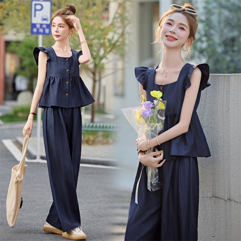 2025夏季新款法式复古气质飞袖减龄衬衫阔腿裤洋气显瘦牛仔两件套，女装套装/套裙，悠米