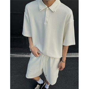 肌理感短袖POLO衫两件套宽松短袖短裤运动套装男 H1092特P65图片