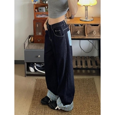 【有货】美式格子拼接卷边牛仔裤男女阔腿裤子NZ011CC-特P48，男装牛仔裤，星座1007（原301D）