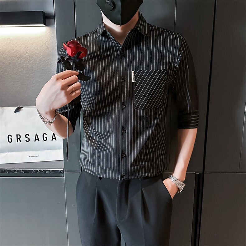 夏季男士七分袖条纹衬衫男休闲修身休闲衬衣A236-C660-P55图片