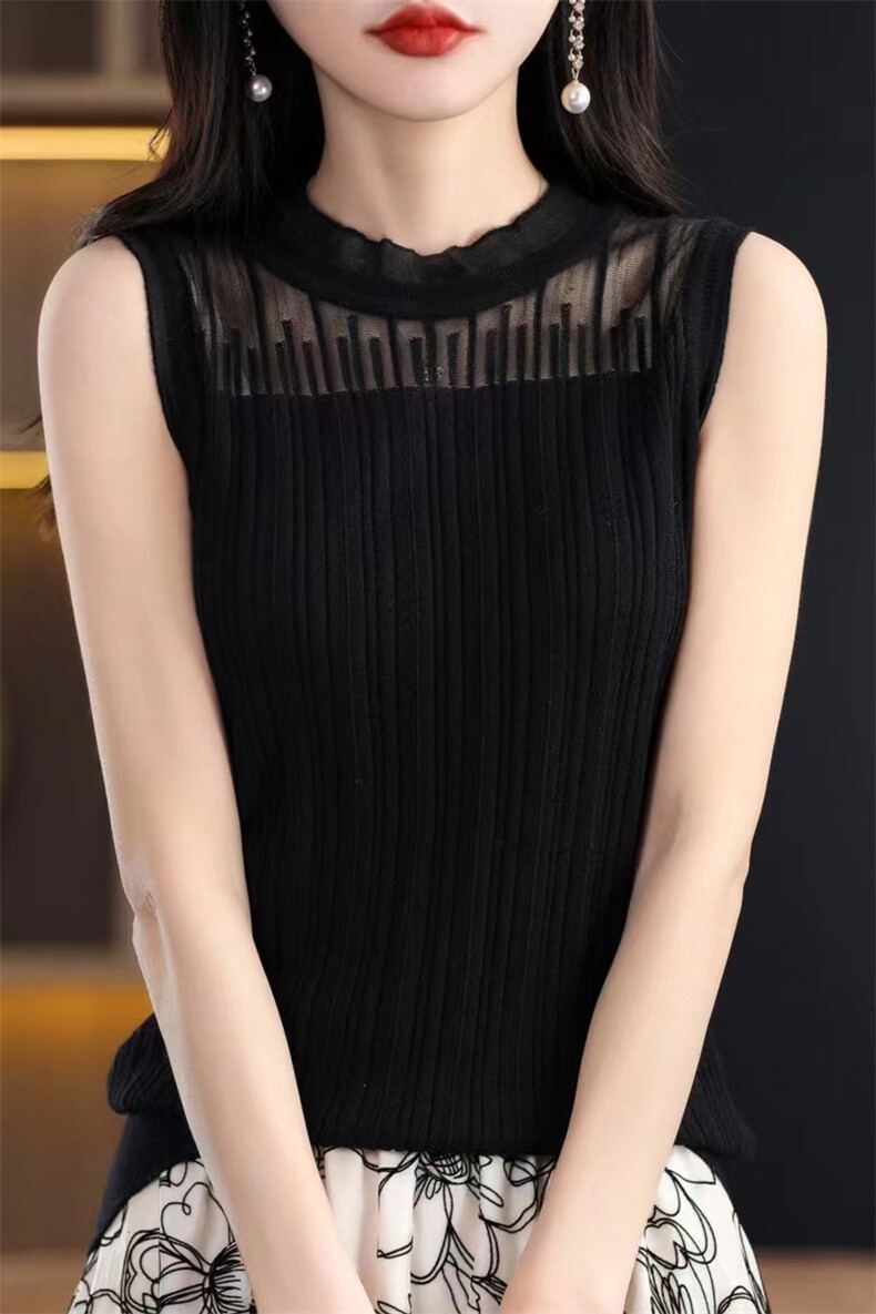 无袖花边领配开衫针织内搭羊毛背心女修身蕾丝立领外穿打底小衫,女装背心吊带,恒旺羊绒