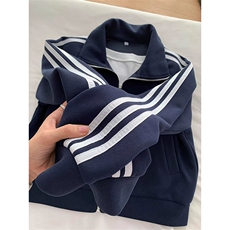 网图有货藏青色三条杠开衫外套男女立领棒球服夹克A1015-P40，男装夹克，星座1505